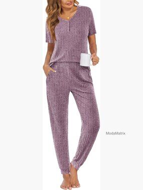 Rib Knit Lounge Set with Pockets, 2-Piece Pajamas for Women